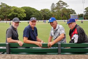 Former Mosman juniors, Allan Border, Leigh Clapham, Barry Hyland, and Greg Davies (who were all members of the Under 21 premiership winning team in 1973-74) watch the club win the Poidevin-Gray competition again in 2025-26.